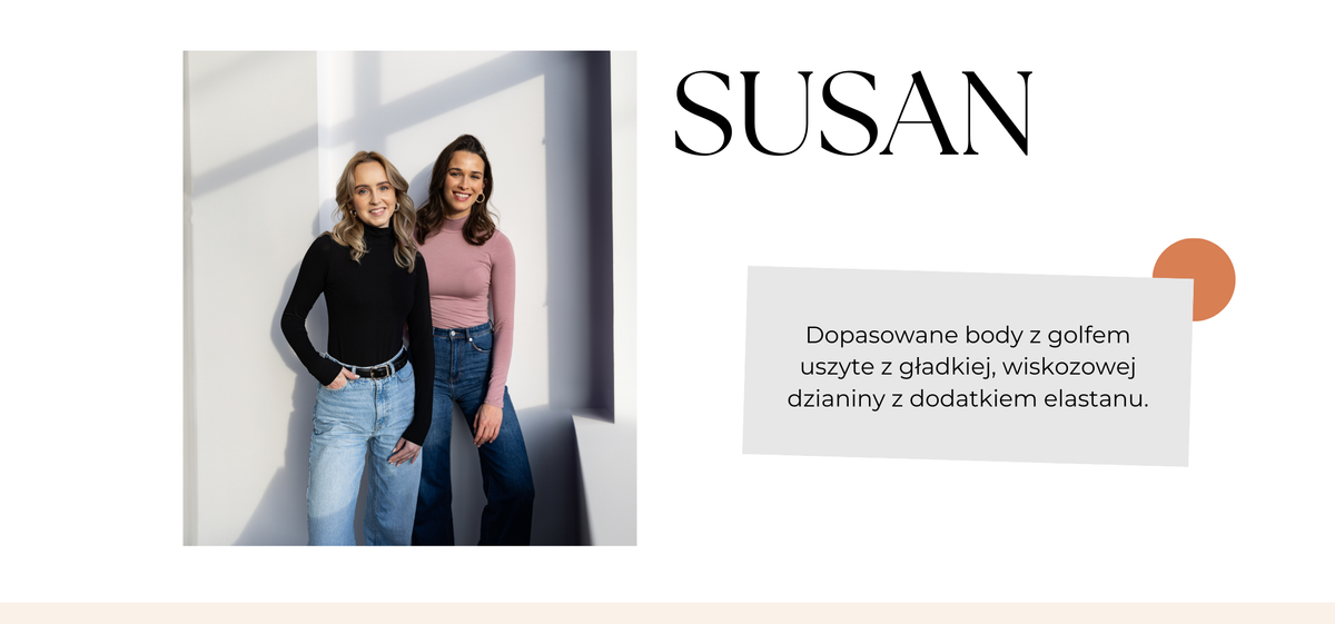 Baner: produkt Body Susan. Dopasowane body z golfem, z wiskozowej dzianiny.