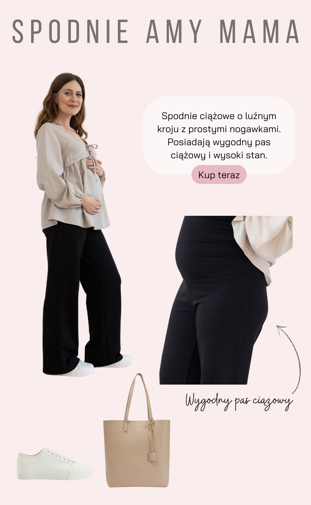 Baner: produkt spodnie Amy Mama.  Kobieta w ciąży w spodniach z wysokim pasem ciążowym.