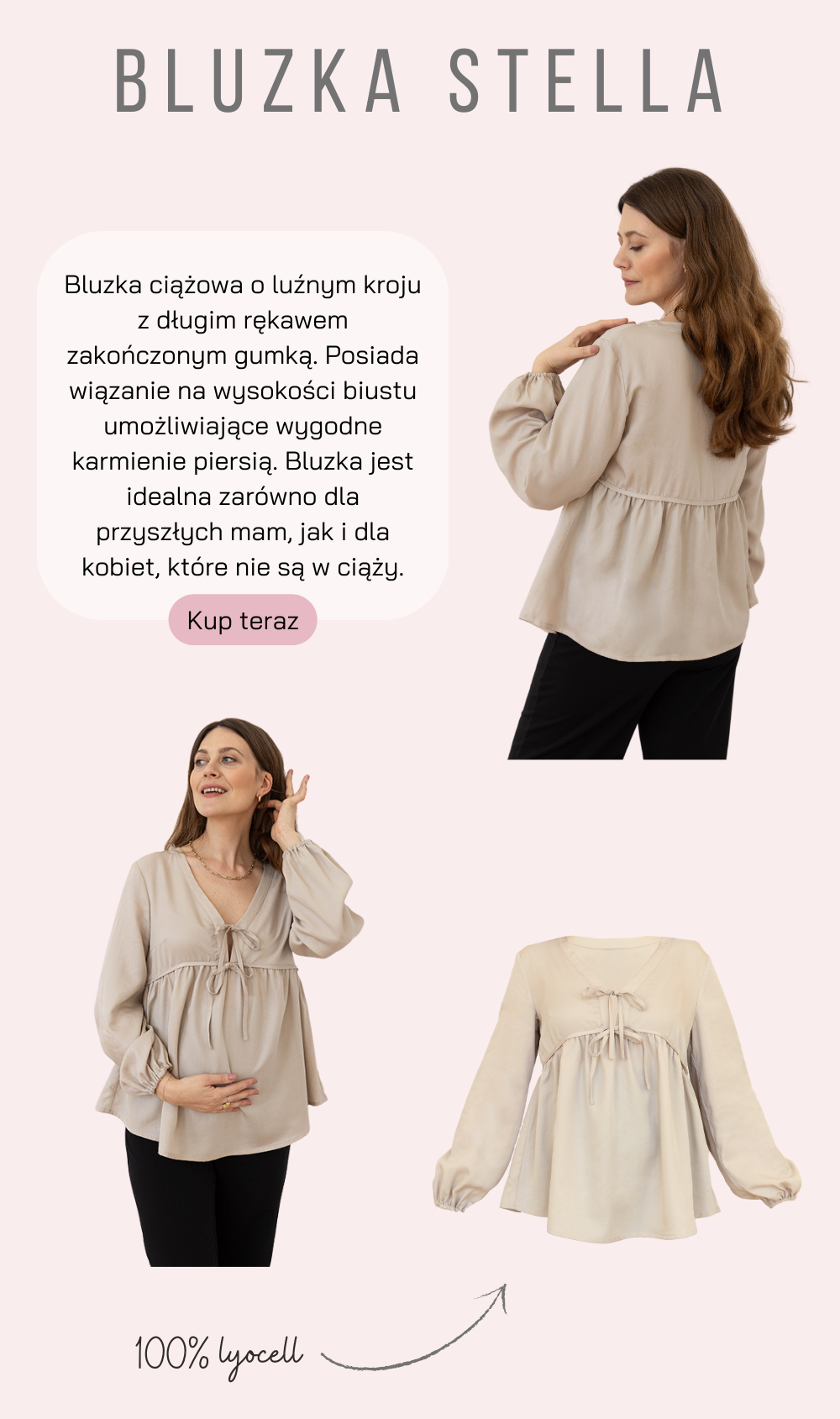 Baner: produkt Bluzka Stella. Bluzka ciążowa na ciężarnej modelce o luźnym kroju.