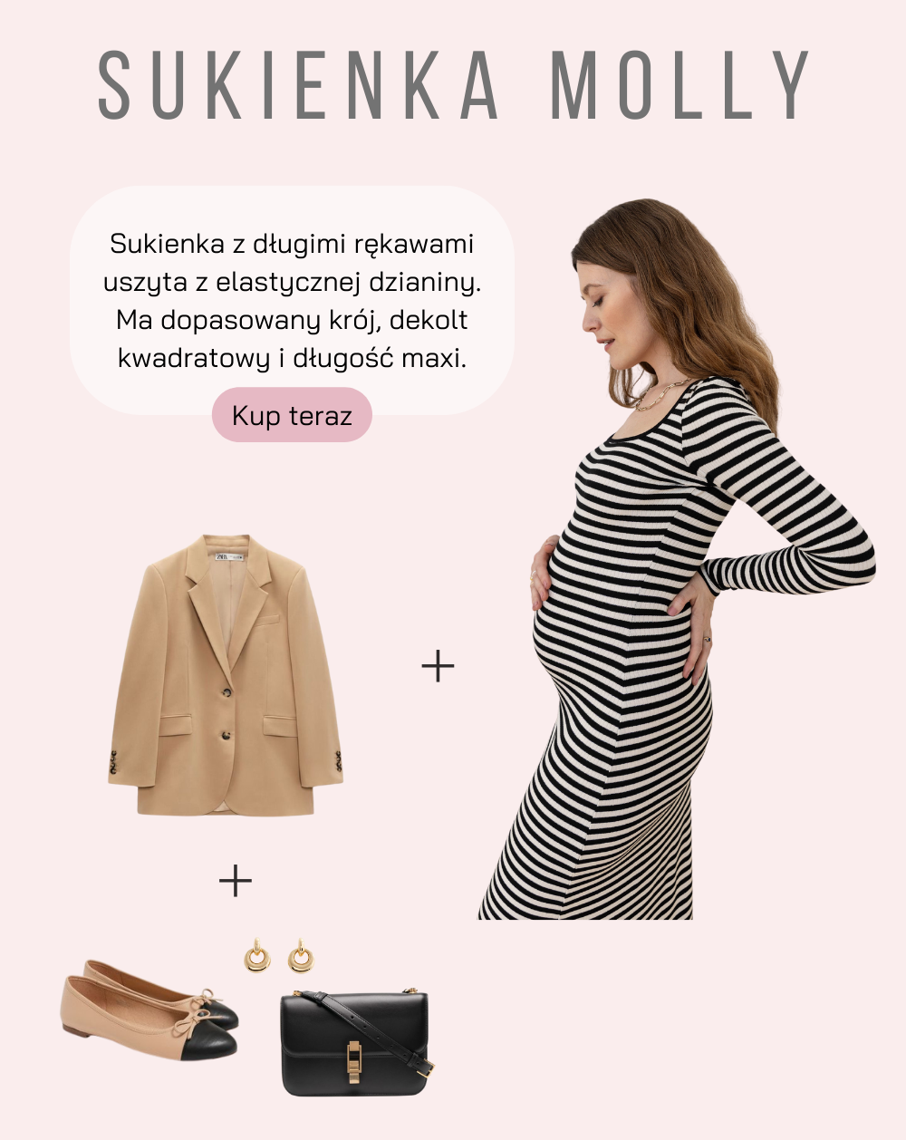 Baner: produkt Sukienka Molly. Ciążowa i do karmienia, maxi w paski, kwadratowy dekolt.