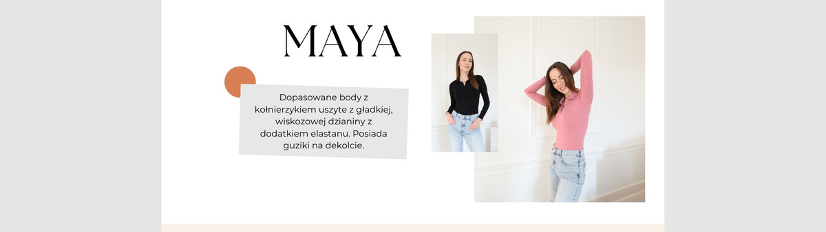 Baner: produkt Body Maya. Dopasowane body z kołnierzykiem i guzikami