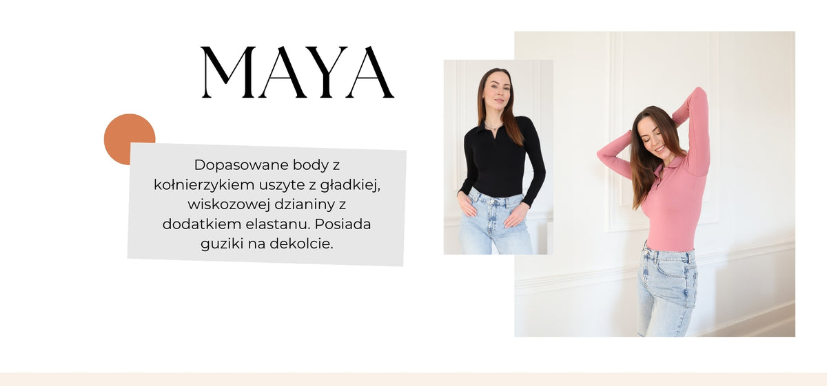 Baner: produkt Body Maya. Dopasowane body z kołnierzykiem i guzikami
