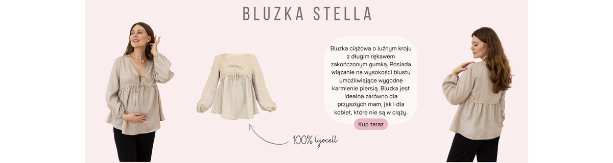 Baner: produkt Bluzka Stella. Bluzka ciążowa na ciężarnej modelce o luźnym kroju.
