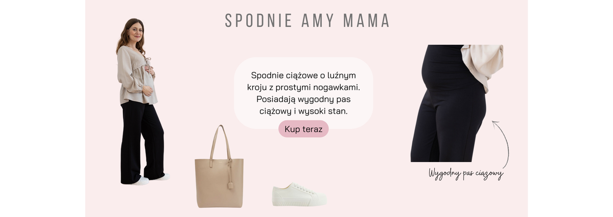 Baner: produkt spodnie Amy Mama.  Kobieta w ciąży w spodniach z wysokim pasem ciążowym.