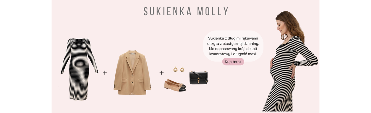Baner: produkt Sukienka Molly. Ciążowa i do karmienia, maxi w paski, kwadratowy dekolt.