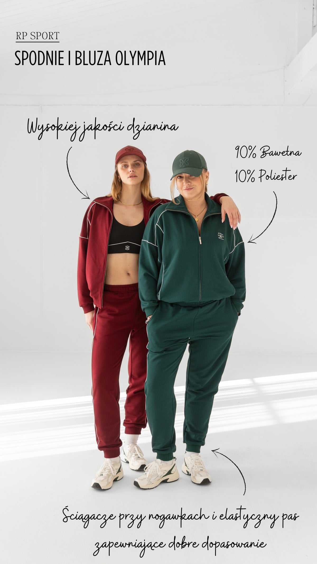 Produkt: Spodnie i Bluza Olympia. Dres w kolorze bordowym i zielonym, wykonany z wysokiej jakości dzianiny