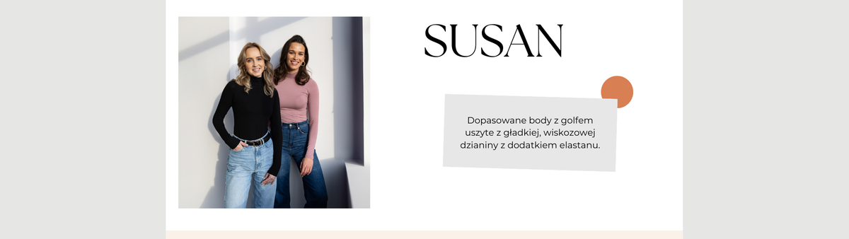 Baner: produkt Body Susan. Dopasowane body z golfem, z wiskozowej dzianiny.