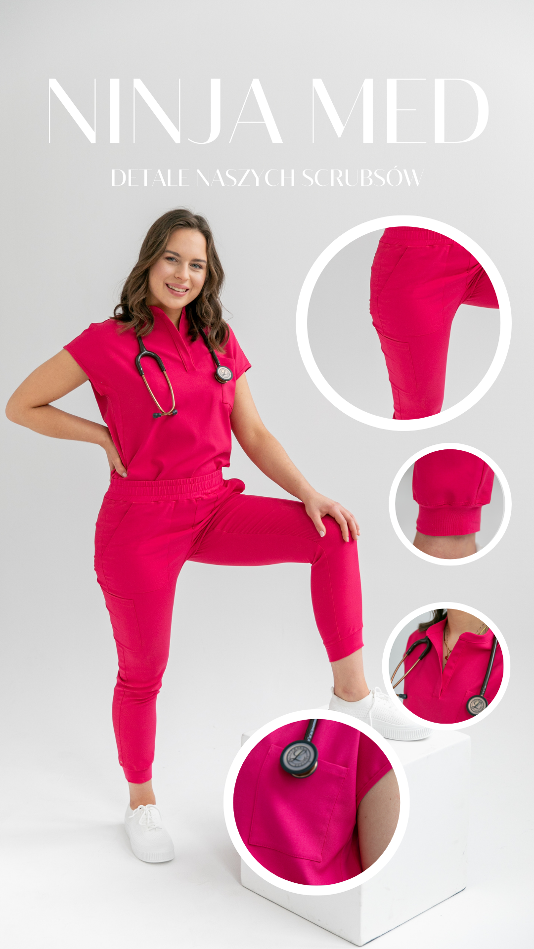 Baner: Ninja Med. Fuksjowy scrubs dla kobiet. Zobacz detale.